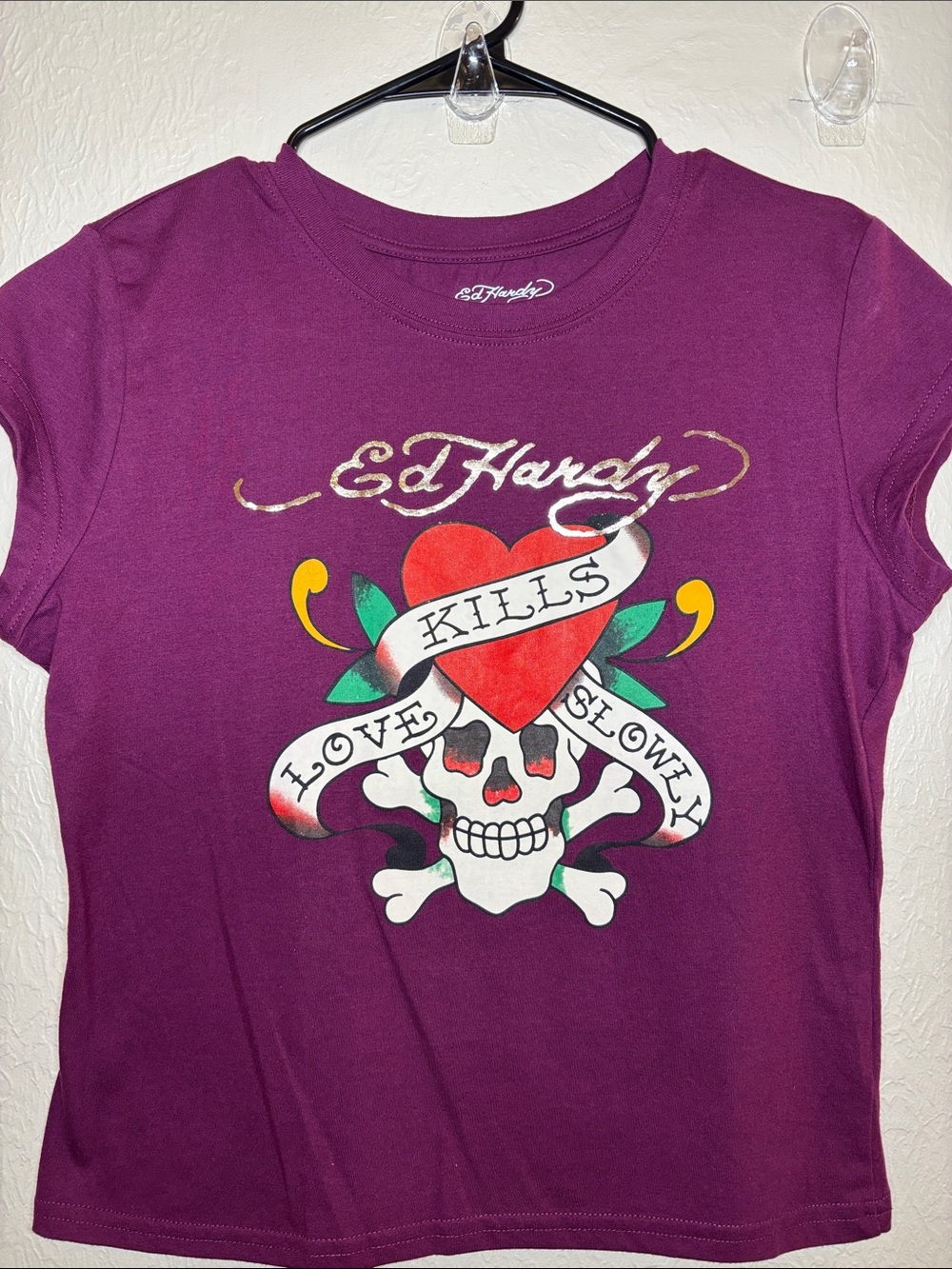 Ed Hardy Plum Graphic Tee with Heart & Skull